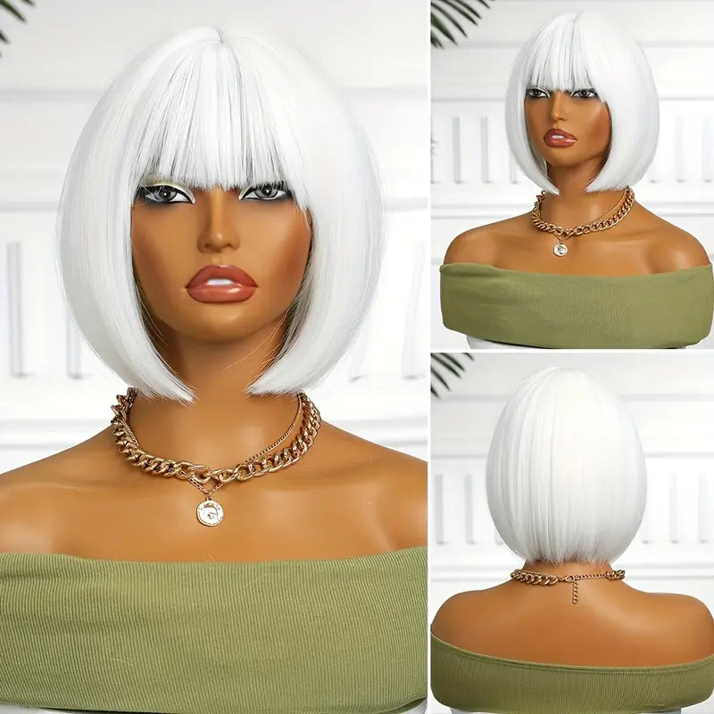 Luxury White Bob Wig with Straight Bangs - Perfect for Everyday Wear