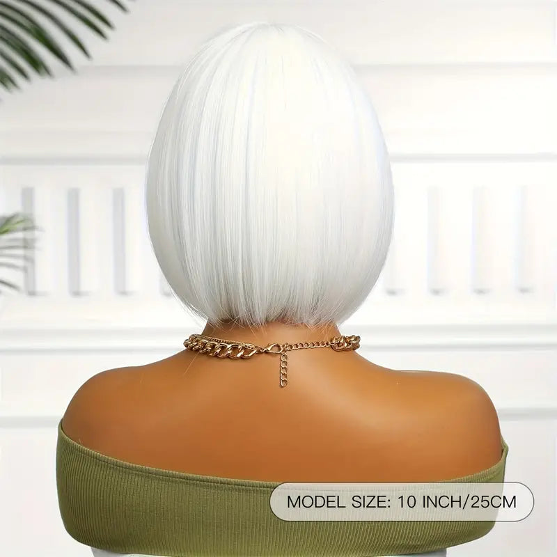 Luxury White Bob Wig with Straight Bangs - Perfect for Everyday Wear