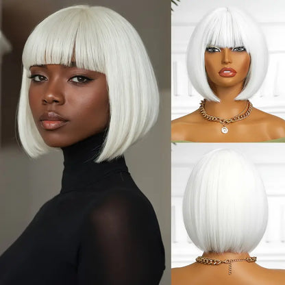 Luxury White Bob Wig with Straight Bangs - Perfect for Everyday Wear