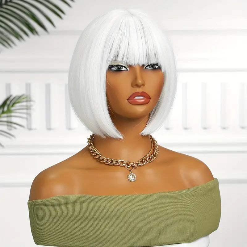 Luxury White Bob Wig with Straight Bangs - Perfect for Everyday Wear