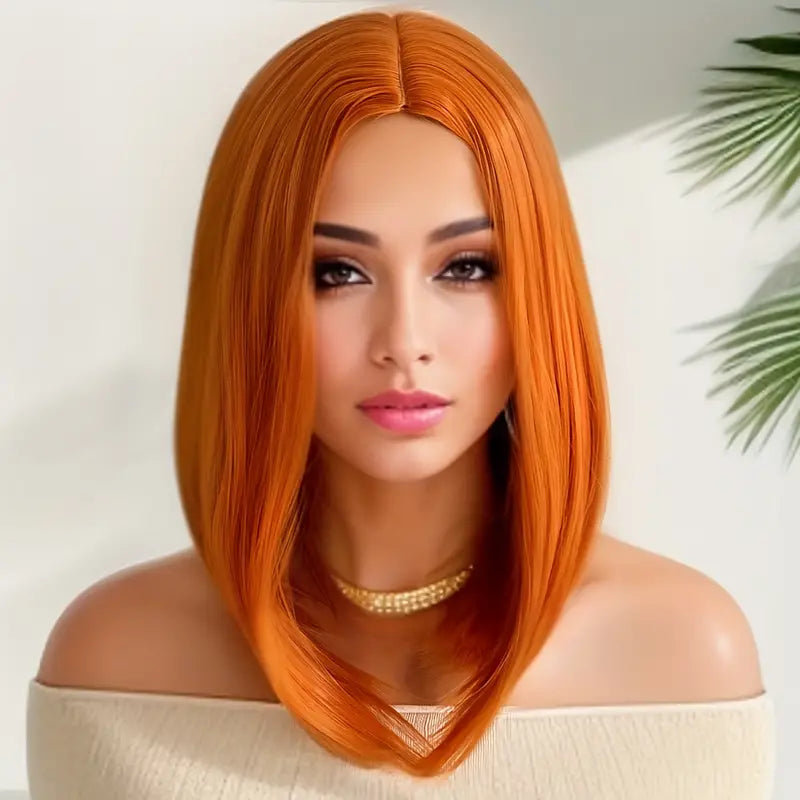 Medium Length Orange Wig – Straight Bob with Middle Part