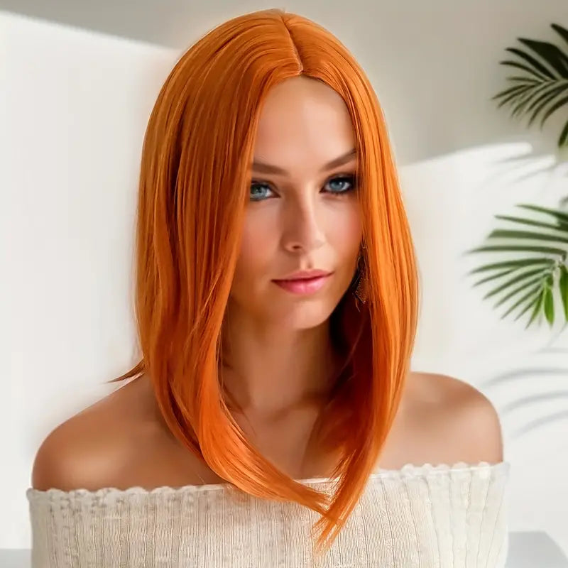 Medium Length Orange Wig – Straight Bob with Middle Part