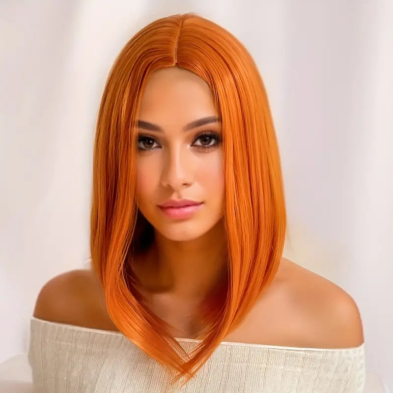 Medium Length Orange Wig – Straight Bob with Middle Part