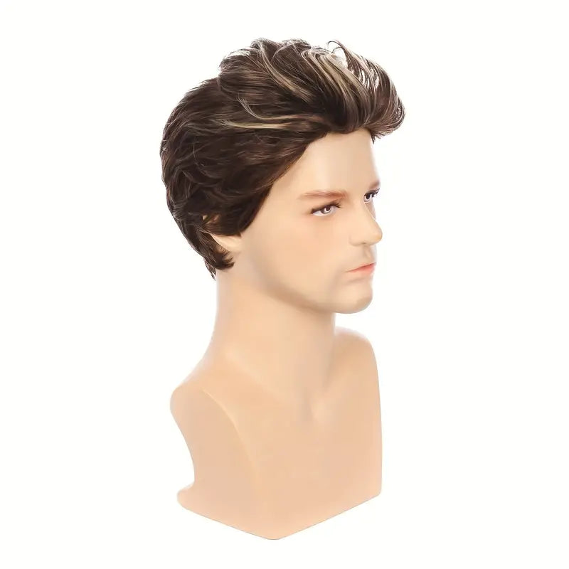 Men Short Wigs Brown Mix Blonde Wig for Male Guy Layered Halloween Cosplay Party Hair Costume Full Wig for Adults