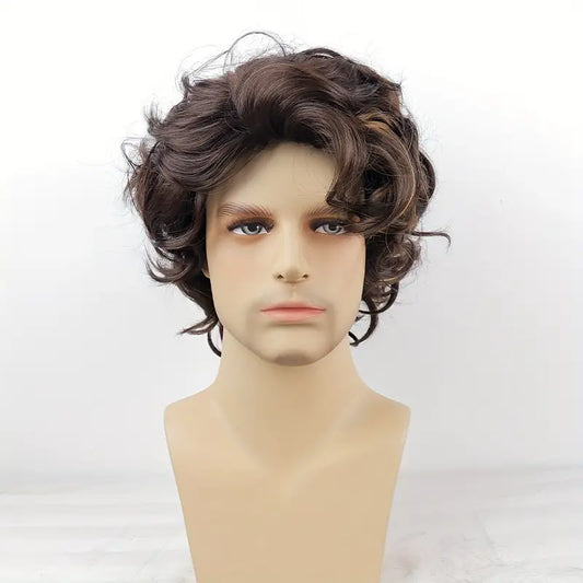 Men's 6-Inch Short Brown & Black Curly Wave Layered Wig