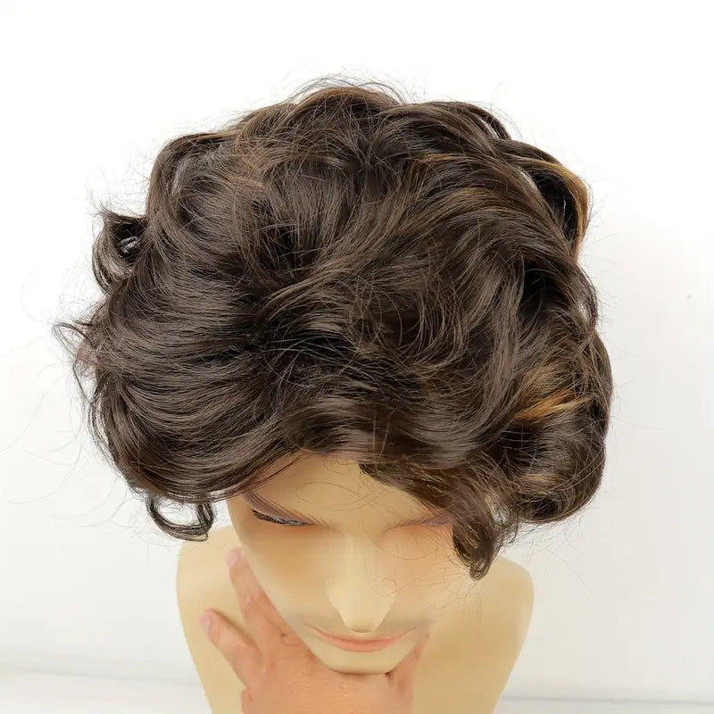 Men's 6-Inch Short Brown & Black Curly Wave Layered Wig