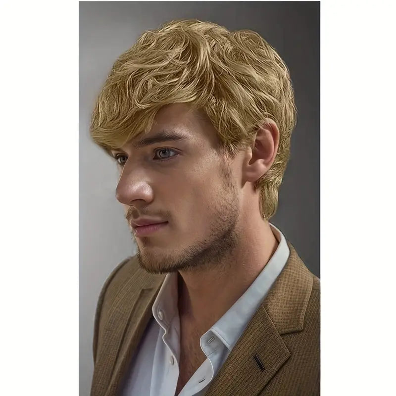 Men's Blonde Wig - Short Layered Wavy Synthetic Hair Wig