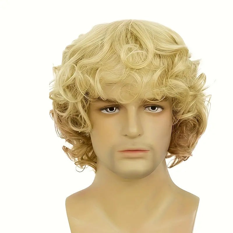 Men's Blonde Wig - Short, Wavy & Fluffy Synthetic Wig with Bangs