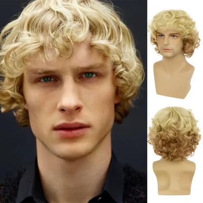 Men's Blonde Wig - Short, Wavy & Fluffy Synthetic Wig with Bangs