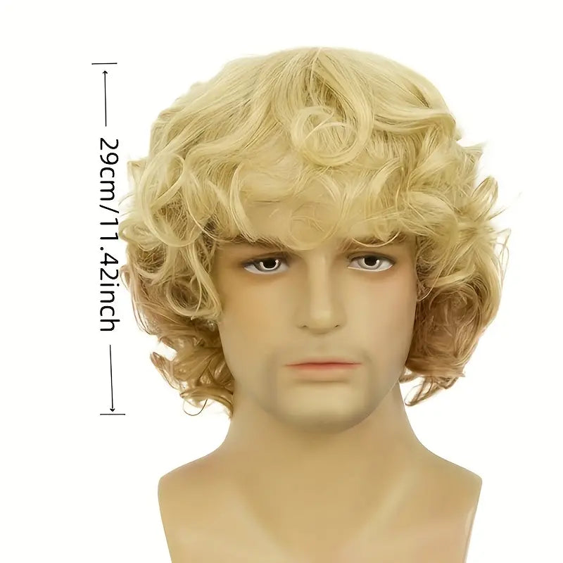 Men's Blonde Wig - Short, Wavy & Fluffy Synthetic Wig with Bangs