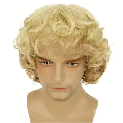 Men's Blonde Wig - Short, Wavy & Fluffy Synthetic Wig with Bangs