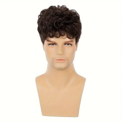 Men's Brown Fashion Short Curly Wig – High-Temp Synthetic Hairpiece