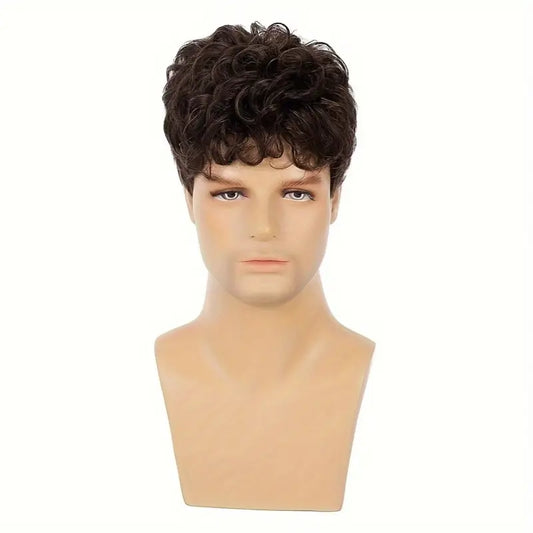 Men's Brown Fashion Short Curly Wig – High-Temp Synthetic Hairpiece