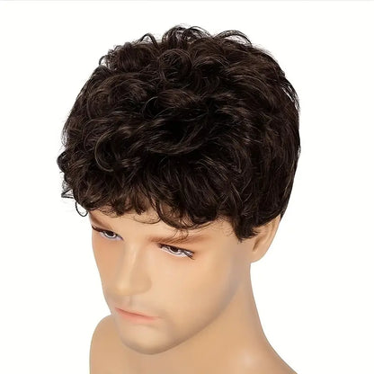 Men's Brown Fashion Short Curly Wig – High-Temp Synthetic Hairpiece