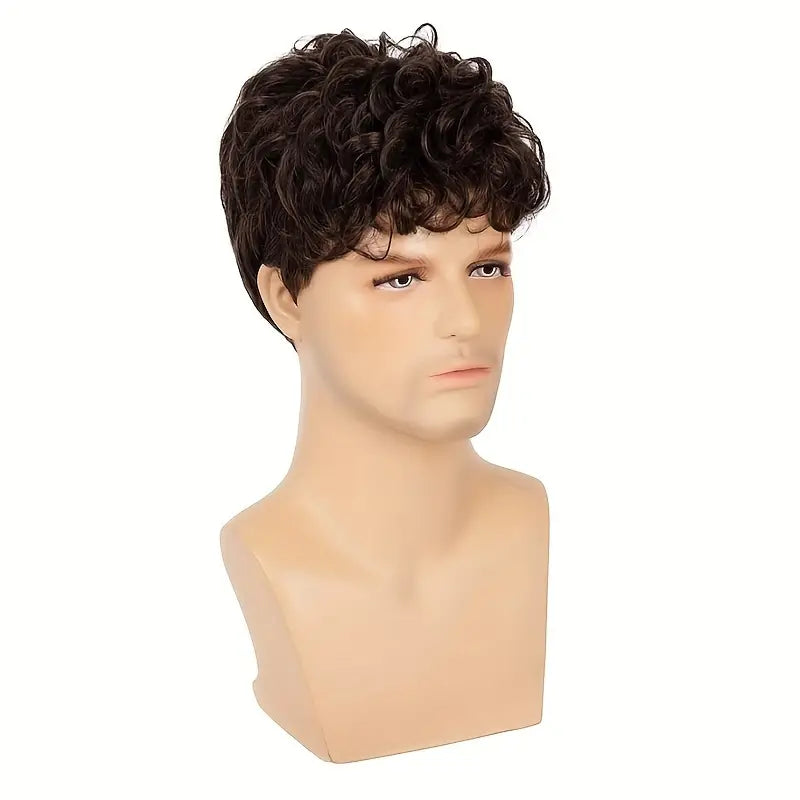 Men's Brown Fashion Short Curly Wig – High-Temp Synthetic Hairpiece