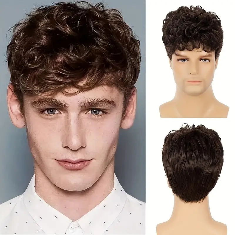 Men's Brown Fashion Short Curly Wig – High-Temp Synthetic Hairpiece