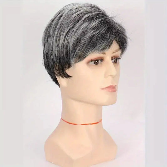 Men's Fashionable Short Black & Gray Wig with Bangs - Loose Curly Synthetic Hair