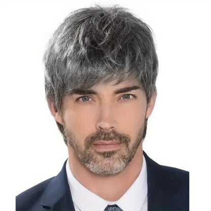 Men's Fashionable Short Black & Gray Wig with Bangs - Loose Curly Synthetic Hair