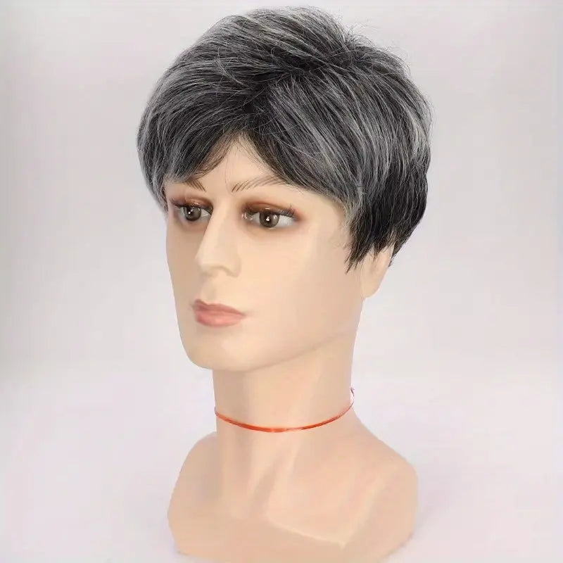 Men's Fashionable Short Black & Gray Wig with Bangs - Loose Curly Synthetic Hair