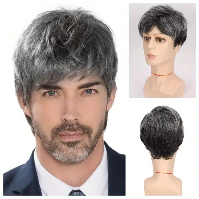 Men's Fashionable Short Black & Gray Wig with Bangs - Loose Curly Synthetic Hair