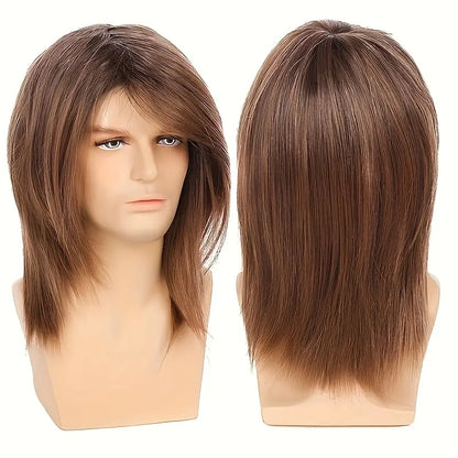 Men's Fluffy Shoulder-Length Brown Wig with Side Part Bangs