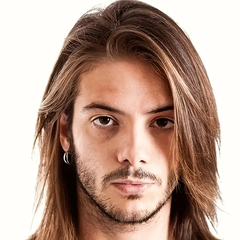 Men's Fluffy Shoulder-Length Brown Wig with Side Part Bangs