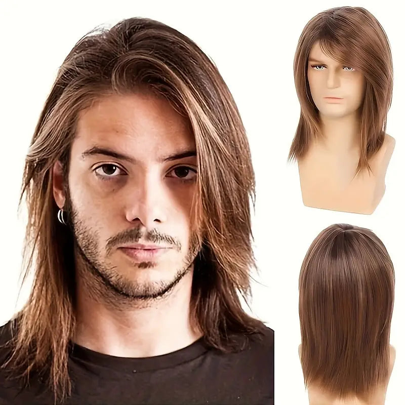 Men's Fluffy Shoulder-Length Brown Wig with Side Part Bangs