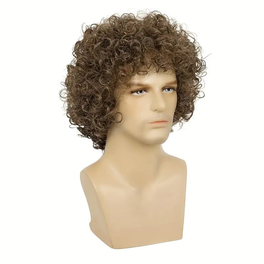 Men's Light Brown Curly Wig - Short Fluffy Rocker Style