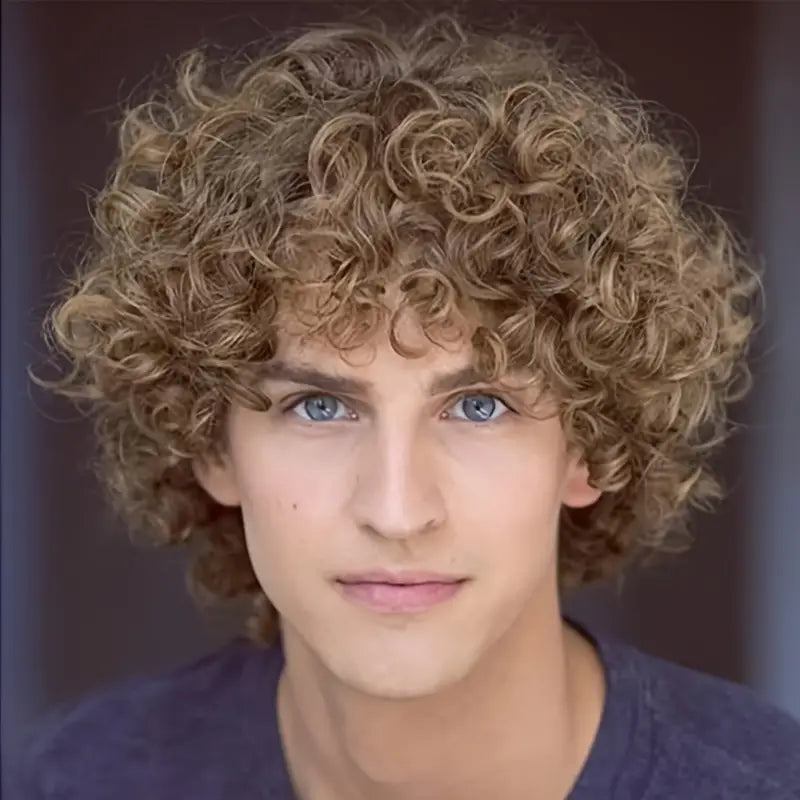 Men's Light Brown Curly Wig - Short Fluffy Rocker Style