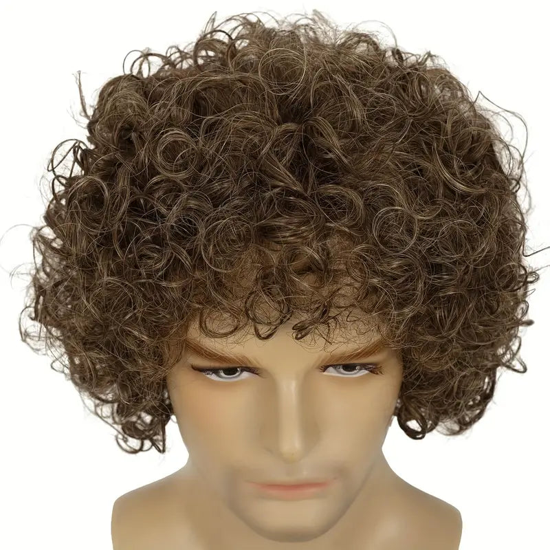 Men's Light Brown Curly Wig - Short Fluffy Rocker Style