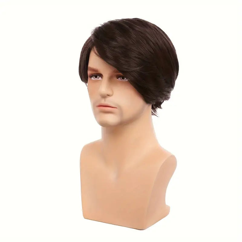 Men's Short Brown Straight Hair Wig - Heat Resistant Synthetic