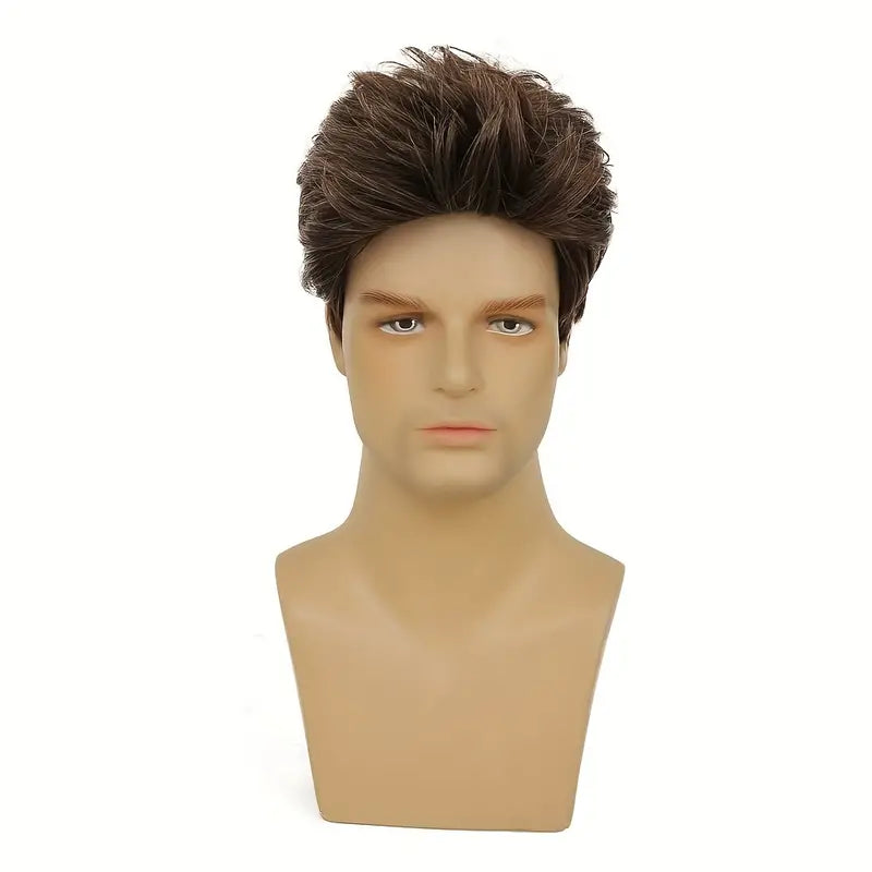 Men's Short Brown Wig – Fluffy, Natural-Looking Synthetic Hair