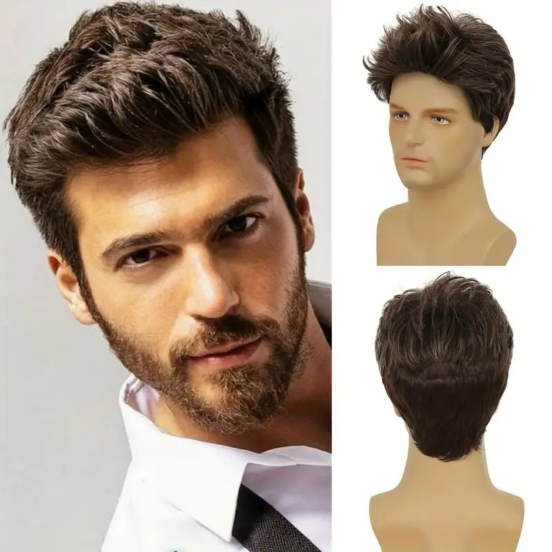 Men's Short Brown Wig – Fluffy, Natural-Looking Synthetic Hair