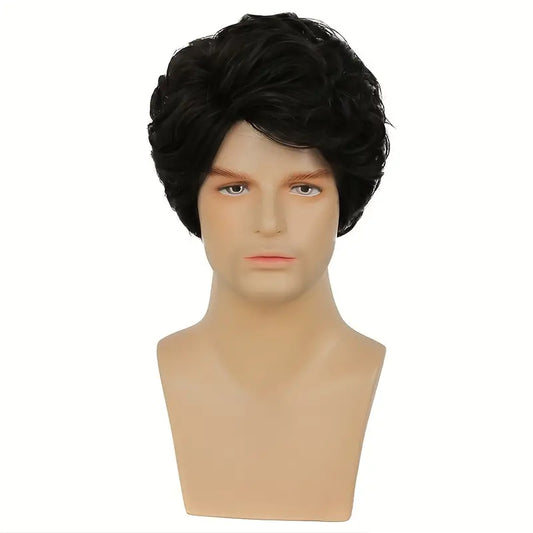 Men's Short Curly Black Wig - Layered Side Part