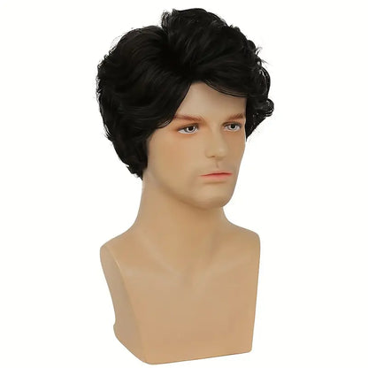 Men's Short Curly Black Wig - Layered Side Part