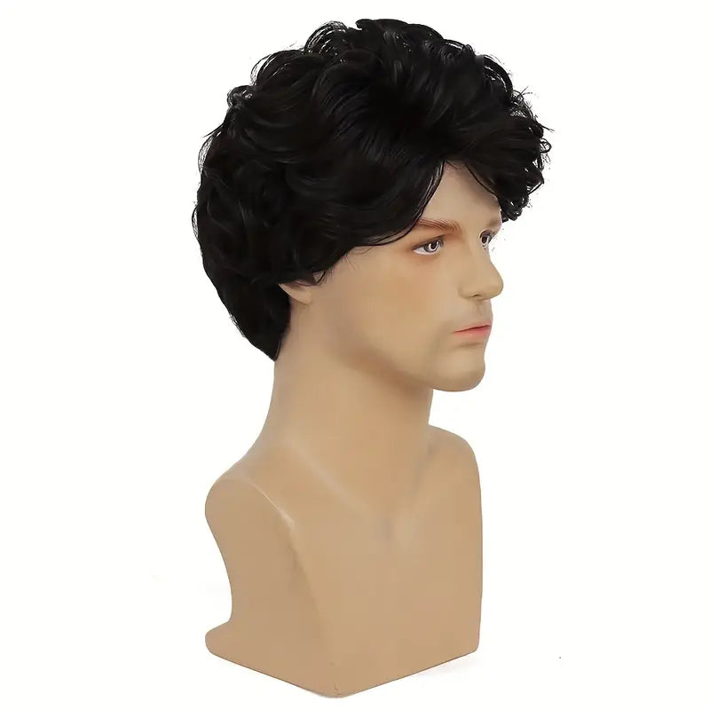 Men's Short Curly Black Wig - Layered Side Part