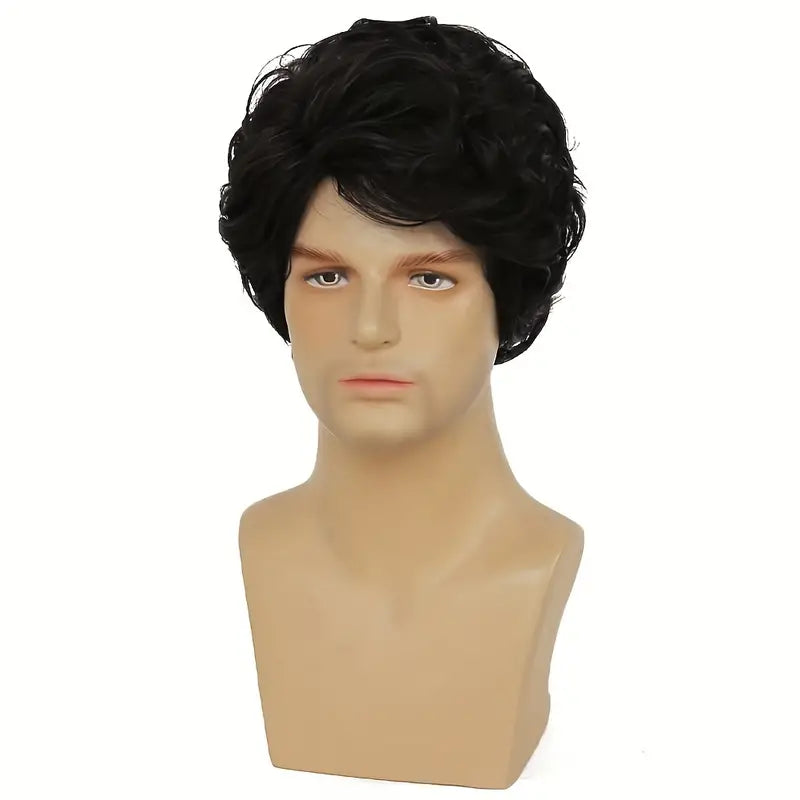 Men's Short Curly Black Wig - Layered Side Part