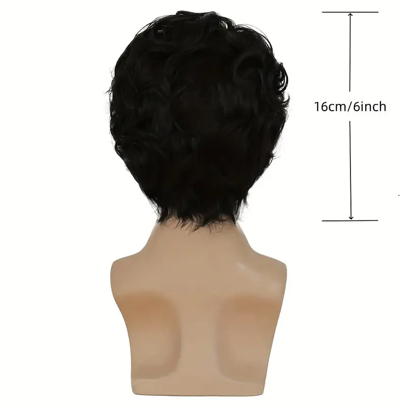 Men's Short Curly Black Wig - Layered Side Part