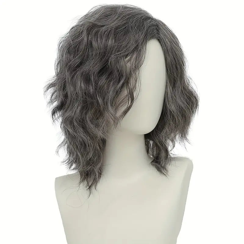 Men's Short Grey Curly Wig - Layered Fluffy Waves for Cosplay and Costumes