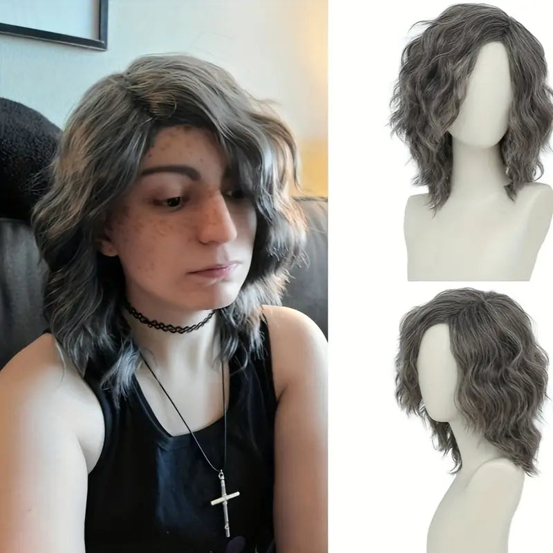 Men's Short Grey Curly Wig - Layered Fluffy Waves for Cosplay and Costumes