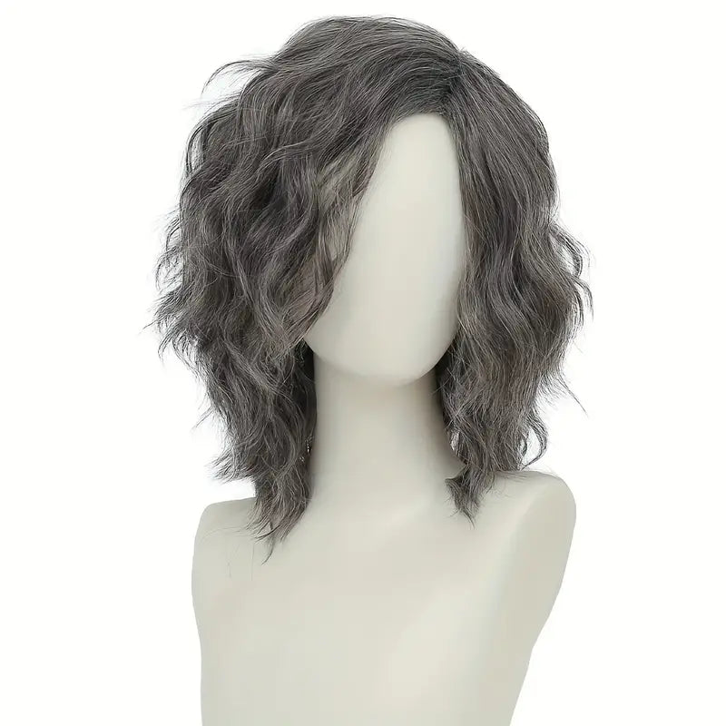 Men's Short Grey Curly Wig - Layered Fluffy Waves for Cosplay and Costumes