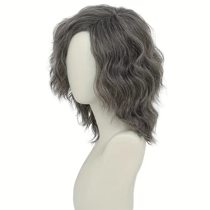 Men's Short Grey Curly Wig - Layered Fluffy Waves for Cosplay and Costumes