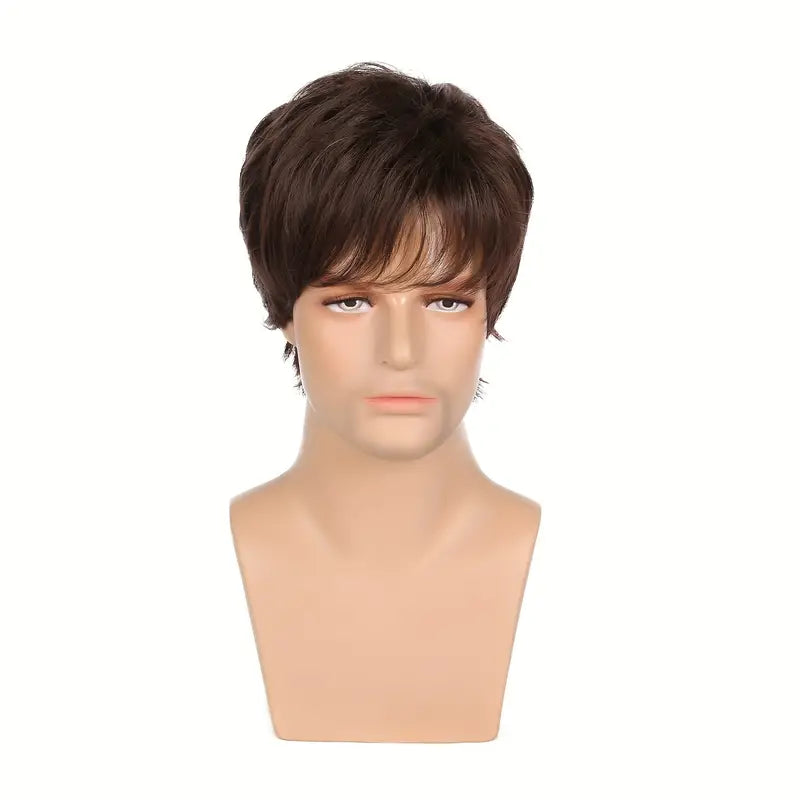 Men's Short Straight Brown Wig - Realistic Basic Style with Long Bangs