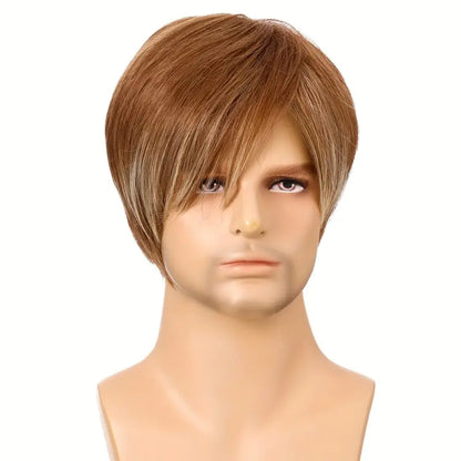 Men’s Short Straight Hair Wig with Stylish Slanted Bangs