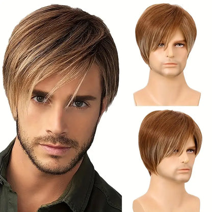 Men’s Short Straight Hair Wig with Stylish Slanted Bangs