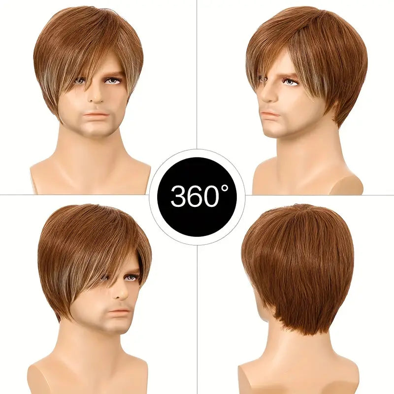 Men’s Short Straight Hair Wig with Stylish Slanted Bangs