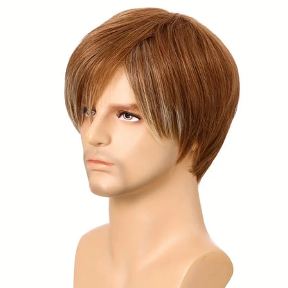 Men’s Short Straight Hair Wig with Stylish Slanted Bangs