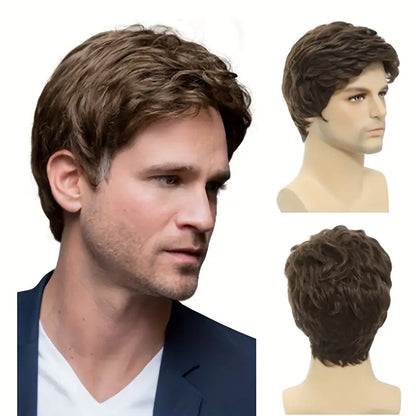 Men's Voluminous Short Wavy Hairpiece - High-Temp Synthetic Fiber