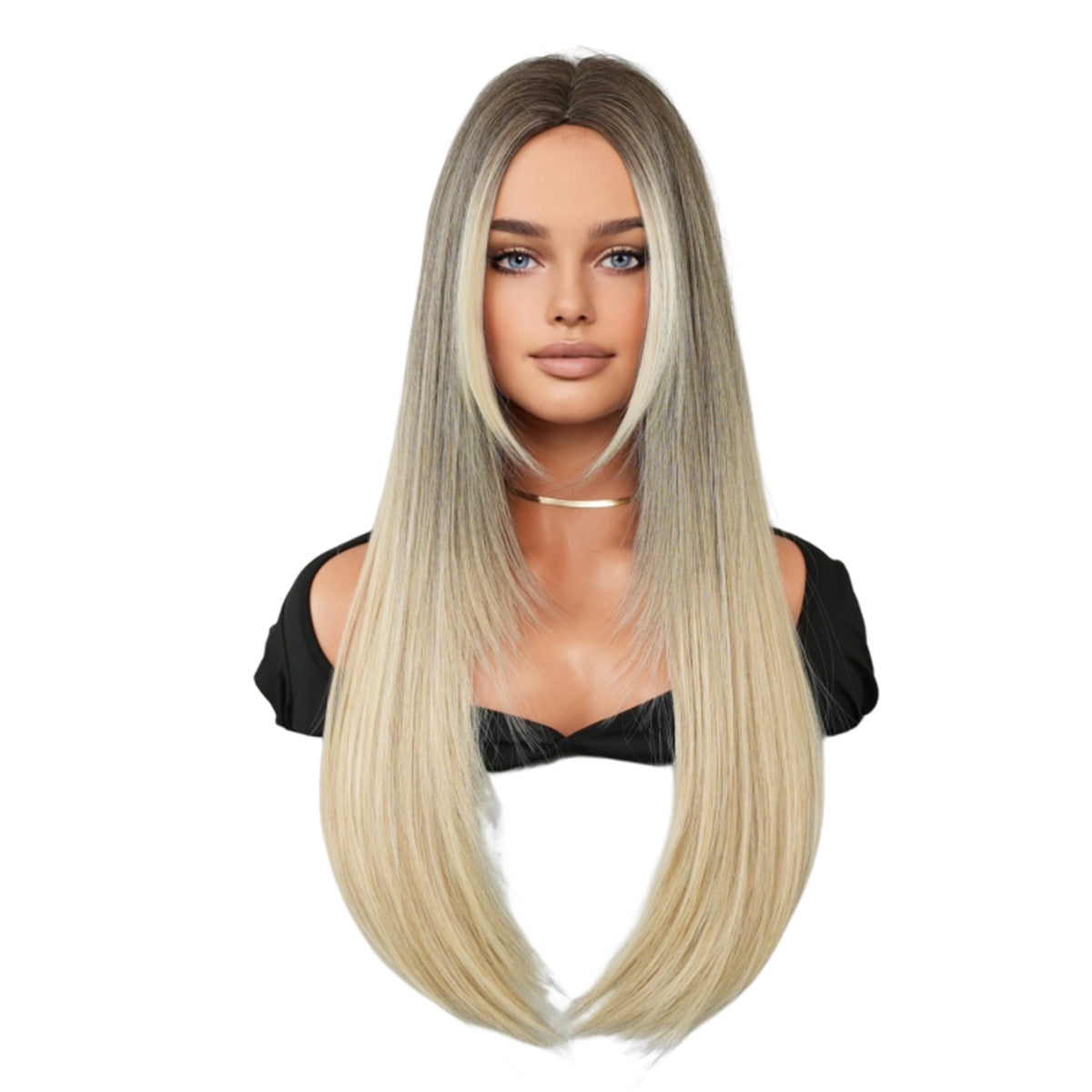 Premium Long Straight Golden Gray Wig With Middle Parting