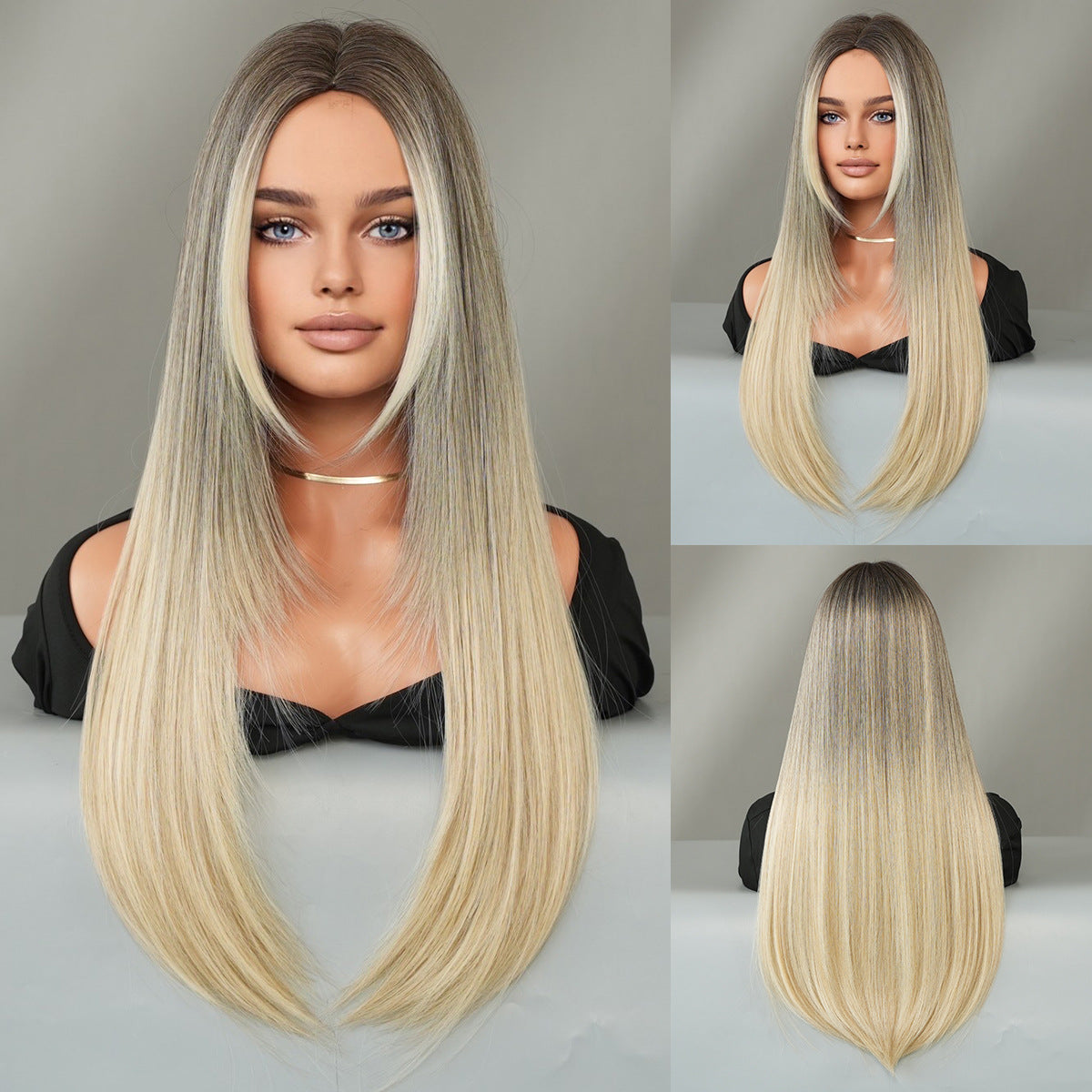 Premium Long Straight Golden Gray Wig With Middle Parting